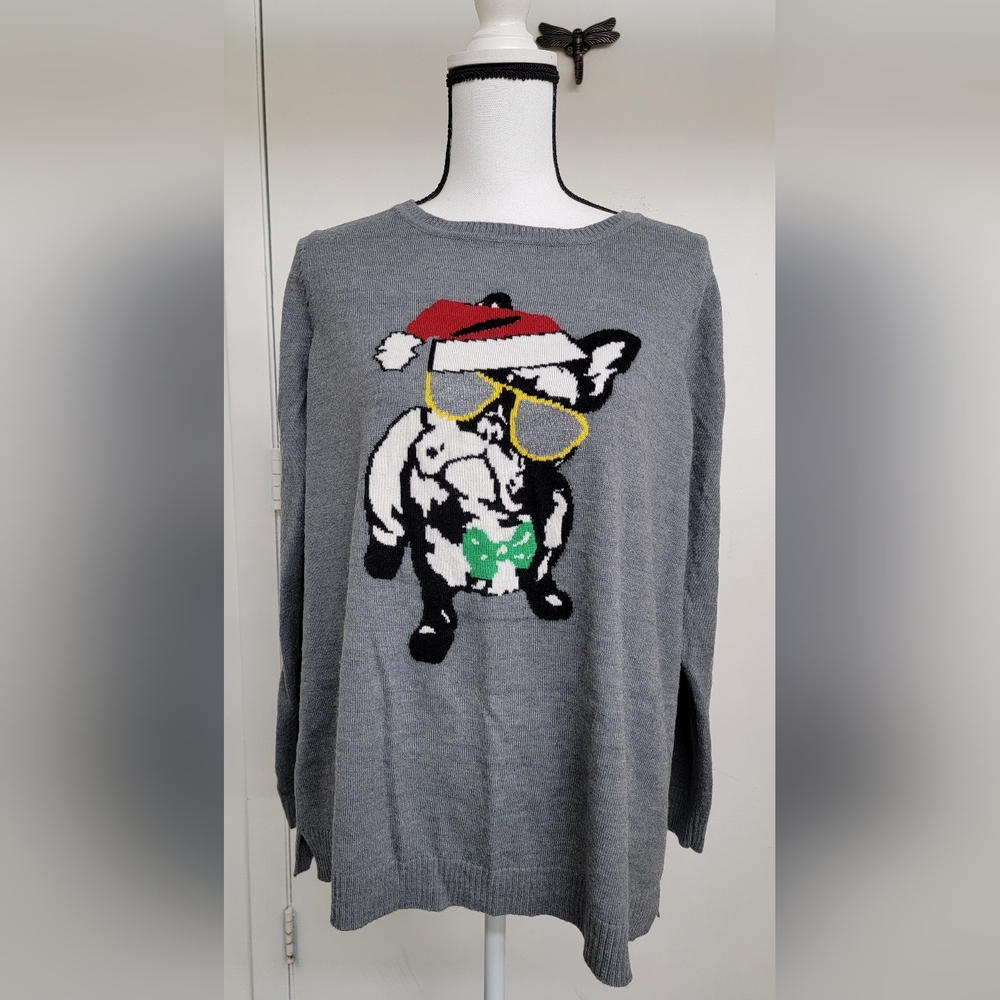 The Avenue Size 14/16 Gray Christmas Sweater with a cute Bulldog on the front.
